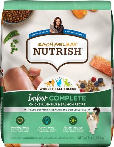 Bag of Rachael Ray Nutrish Indoor Complete cat food with chicken, lentils, and salmon recipe.