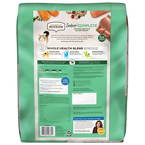 Back view of Nutrish Indoor Complete cat food package displaying ingredients and nutritional information.