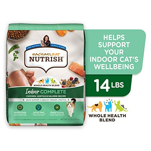 Rachael Ray Nutrish Indoor Complete cat food with chicken, lentils, and salmon recipe.